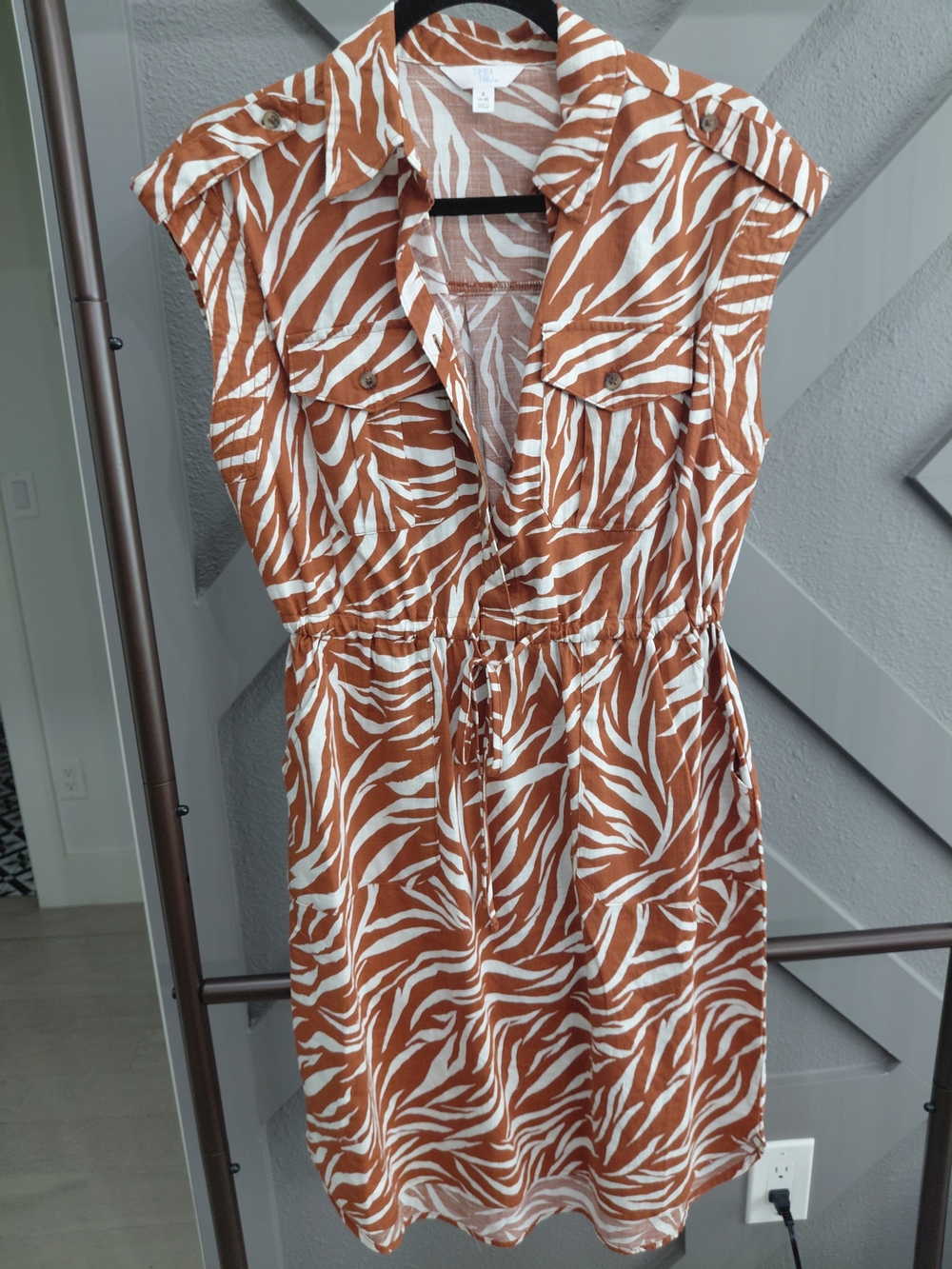 100% Cotton Zebra Print Shirt Dress in Rust and White With Pockets